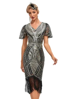 Clearance Retro Stage 1920s Cap Sleeves Tassel Sequined Dress