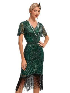 Clearance Retro Stage 1920s Cap Sleeves Tassel Sequined Dress