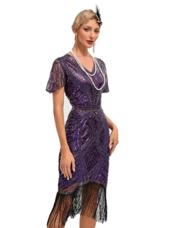 Clearance Retro Stage 1920s Cap Sleeves Tassel Sequined Dress