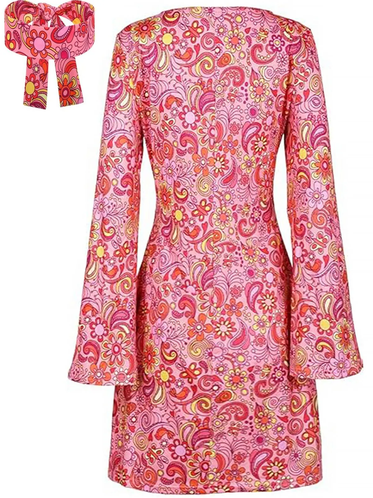 Discount Retro Stage 1970s Cashew Flower Hippie Disco Dress With Headscarf