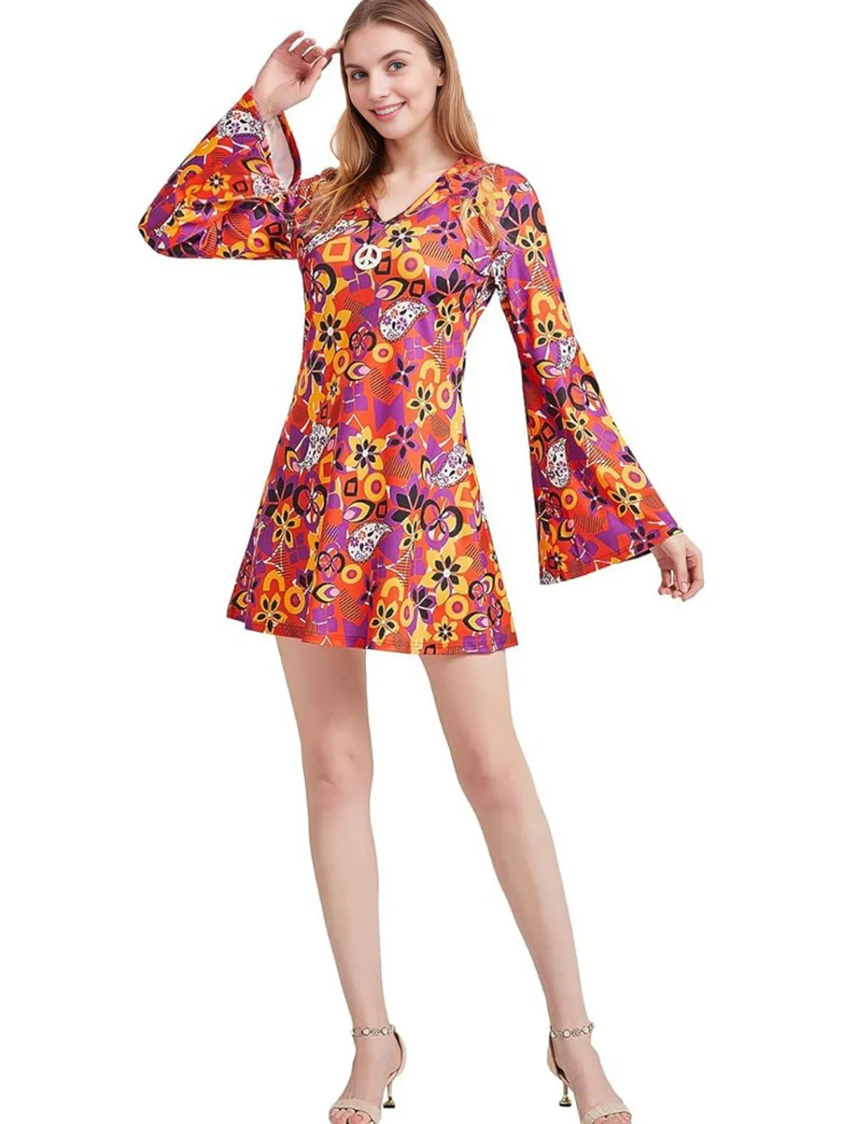 Discount Retro Stage 1970s Cashew Flower Hippie Disco Dress With Headscarf