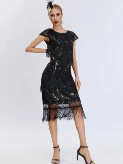 Online Retro Stage 1920s Charleston Sequins Tassel Patchwork Dress