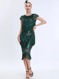 Online Retro Stage 1920s Charleston Sequins Tassel Patchwork Dress