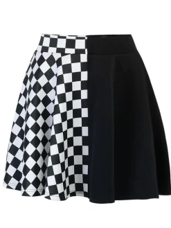 Hot Retro Stage 1970s Checks Plaid Ruched Patchwork Skirt