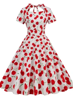 Clearance Retro Stage 1950s Cherry Sweetheart Short Sleeve Lace Up Dress