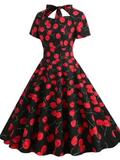 Clearance Retro Stage 1950s Cherry Sweetheart Short Sleeve Lace Up Dress