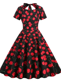 Discount Retro Stage 1950s Cherry Sweetheart Short Sleeve Lace Up Dress