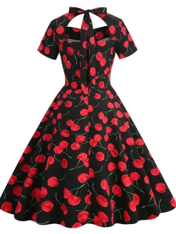 Discount Retro Stage 1950s Cherry Sweetheart Short Sleeve Lace Up Dress