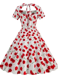 Discount Retro Stage 1950s Cherry Sweetheart Short Sleeve Lace Up Dress