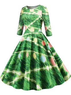 Discount Retro Stage 1950s Christmas Crew Neck Half Sleeve Dress