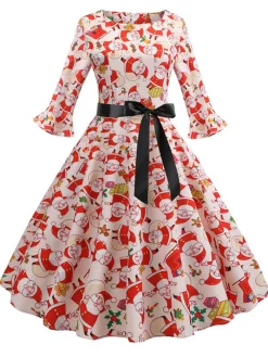 Hot Retro Stage 1950s Christmas Flare Sleeve Belted Dress