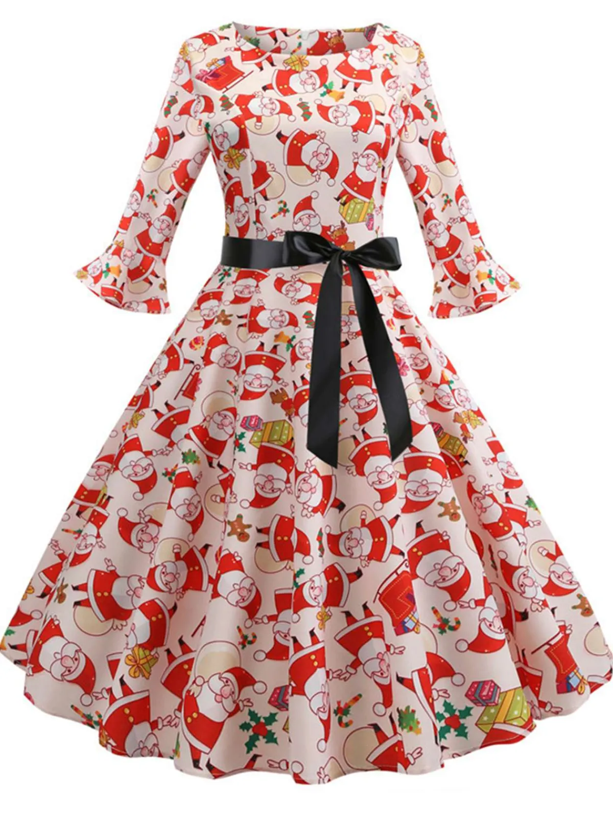 Hot Retro Stage 1950s Christmas Flare Sleeve Belted Dress