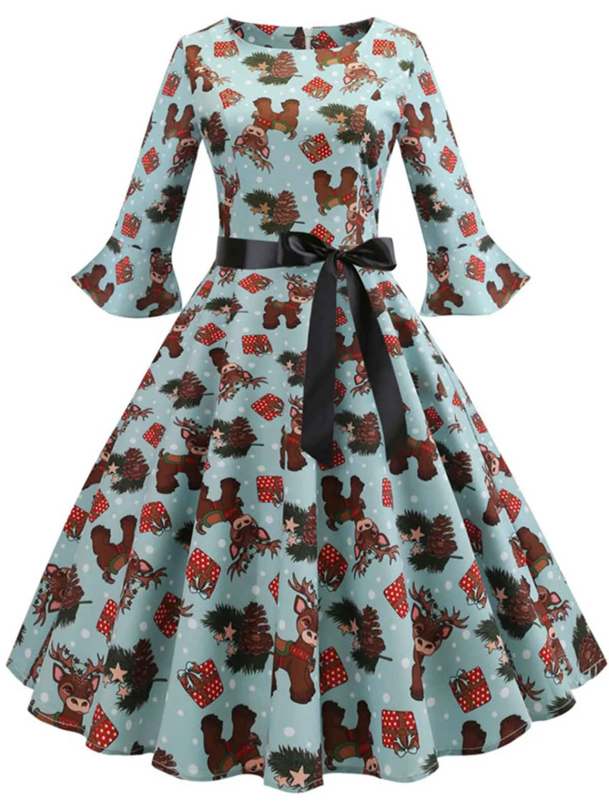 Hot Retro Stage 1950s Christmas Flare Sleeve Belted Dress