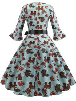 Hot Retro Stage 1950s Christmas Flare Sleeve Belted Dress