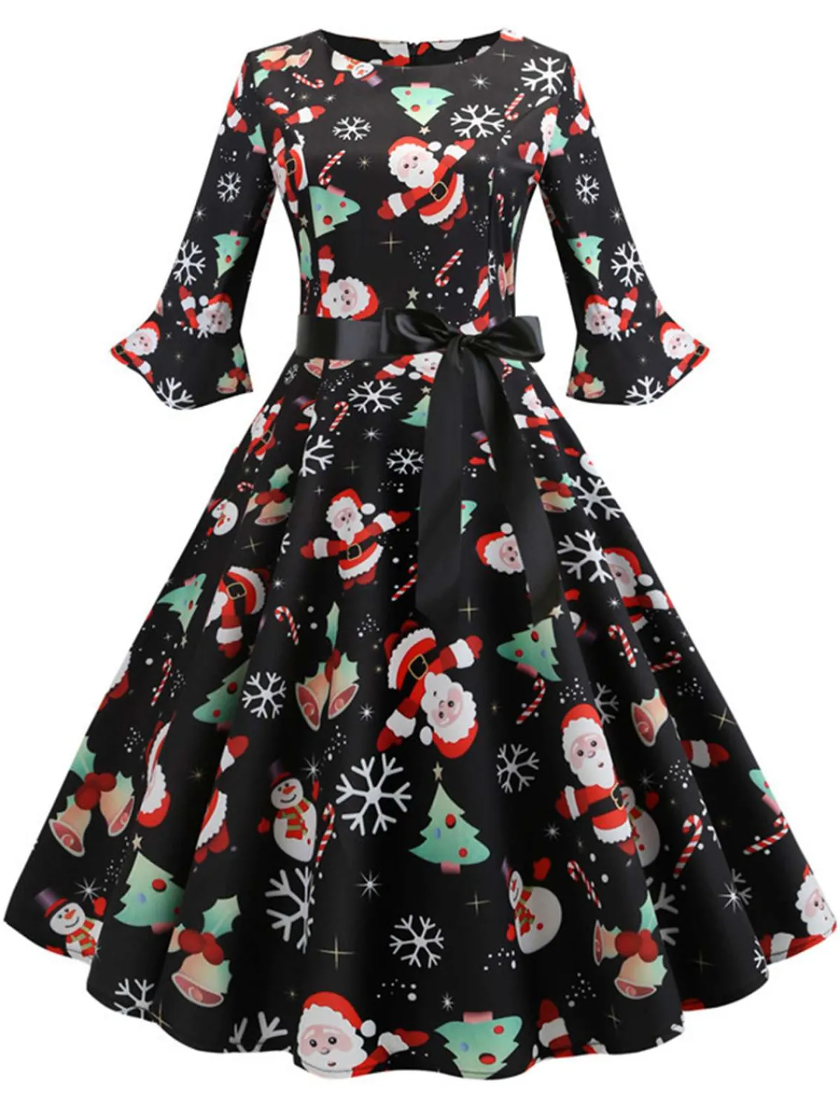 Hot Retro Stage 1950s Christmas Flare Sleeve Belted Dress