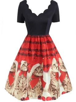 Discount Retro Stage 1950s Christmas Kitty Swing Dress