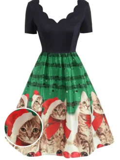 Discount Retro Stage 1950s Christmas Kitty Swing Dress