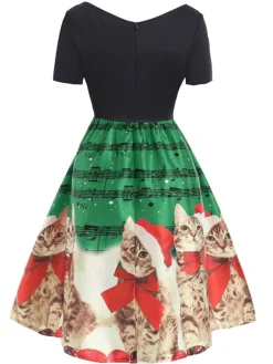 Discount Retro Stage 1950s Christmas Kitty Swing Dress