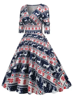 Clearance Retro Stage 1950s Christmas Patchwork V-neck Dress