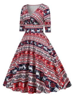 Clearance Retro Stage 1950s Christmas Patchwork V-neck Dress