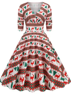 Clearance Retro Stage 1950s Christmas Patchwork V-neck Dress