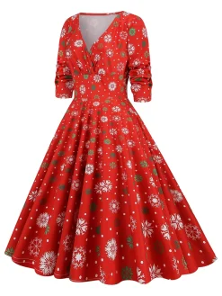 Clearance Retro Stage 1950s Christmas Patchwork V-neck Dress