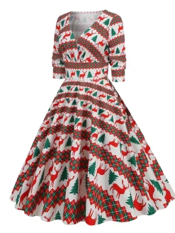 Clearance Retro Stage 1950s Christmas Patchwork V-neck Dress