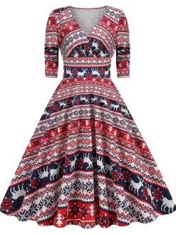 Clearance Retro Stage 1950s Christmas Patchwork V-neck Dress