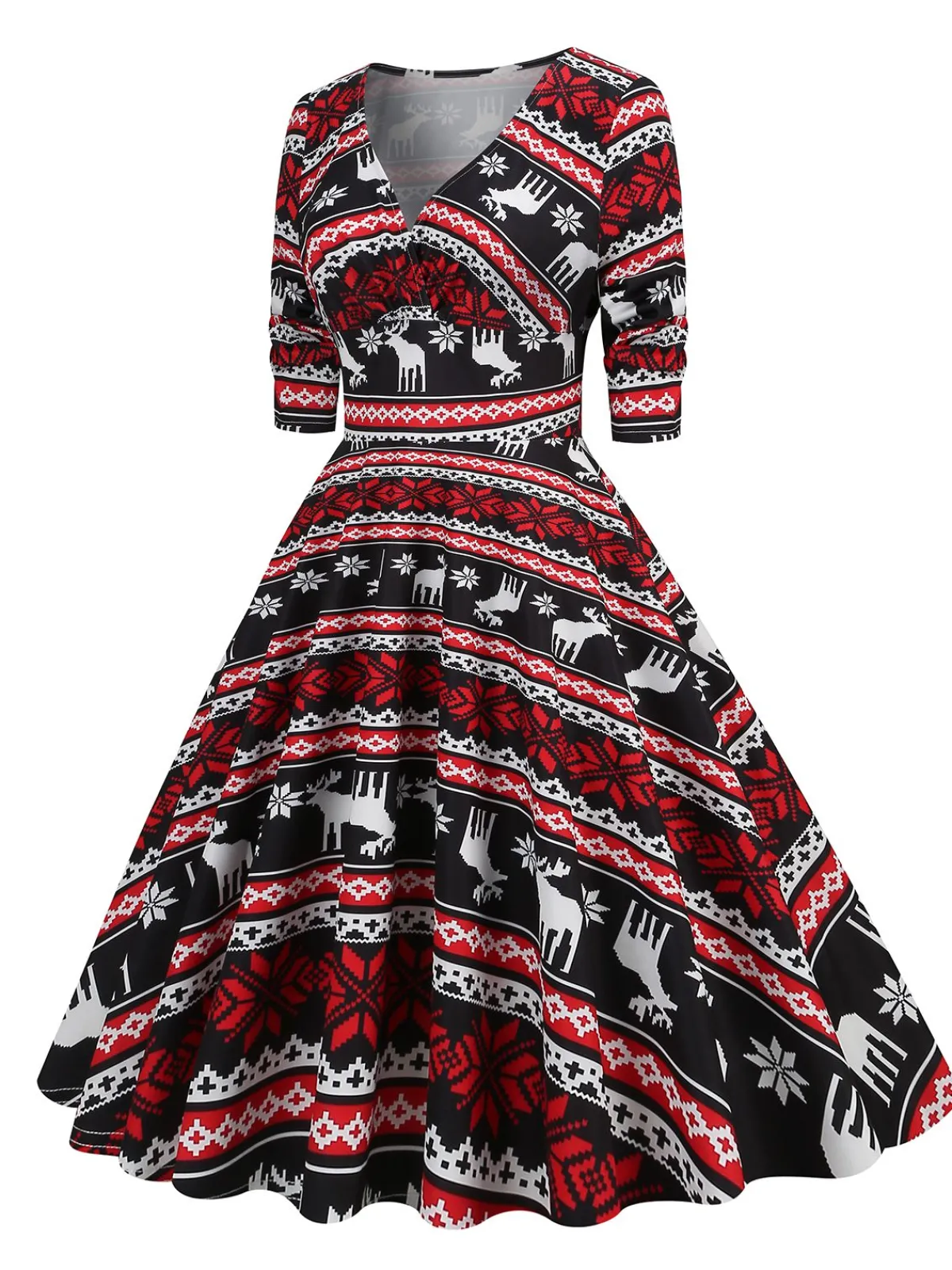 Clearance Retro Stage 1950s Christmas Patchwork V-neck Dress