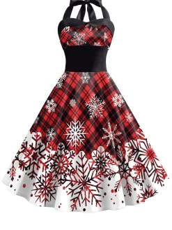 Sale Retro Stage 1950s Christmas Plaid Snowflake Halter Dress True Red