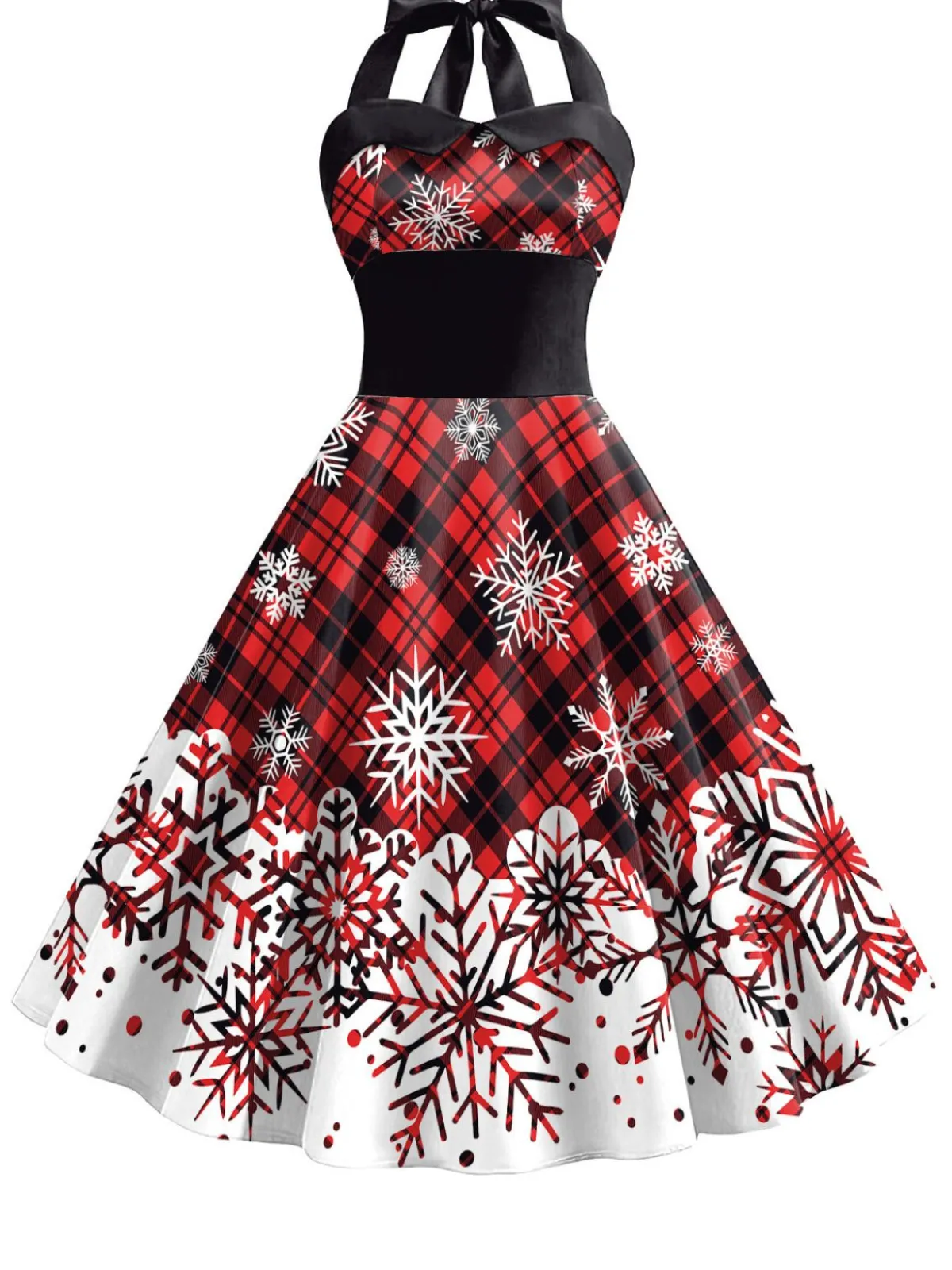 Sale Retro Stage 1950s Christmas Plaid Snowflake Halter Dress True Red