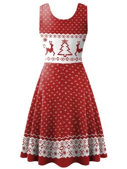 Best Retro Stage 1950s Christmas Print Knitted Sleeveless Dress