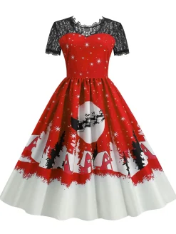 Clearance Retro Stage 1950s Christmas Print Lace Swing Dress