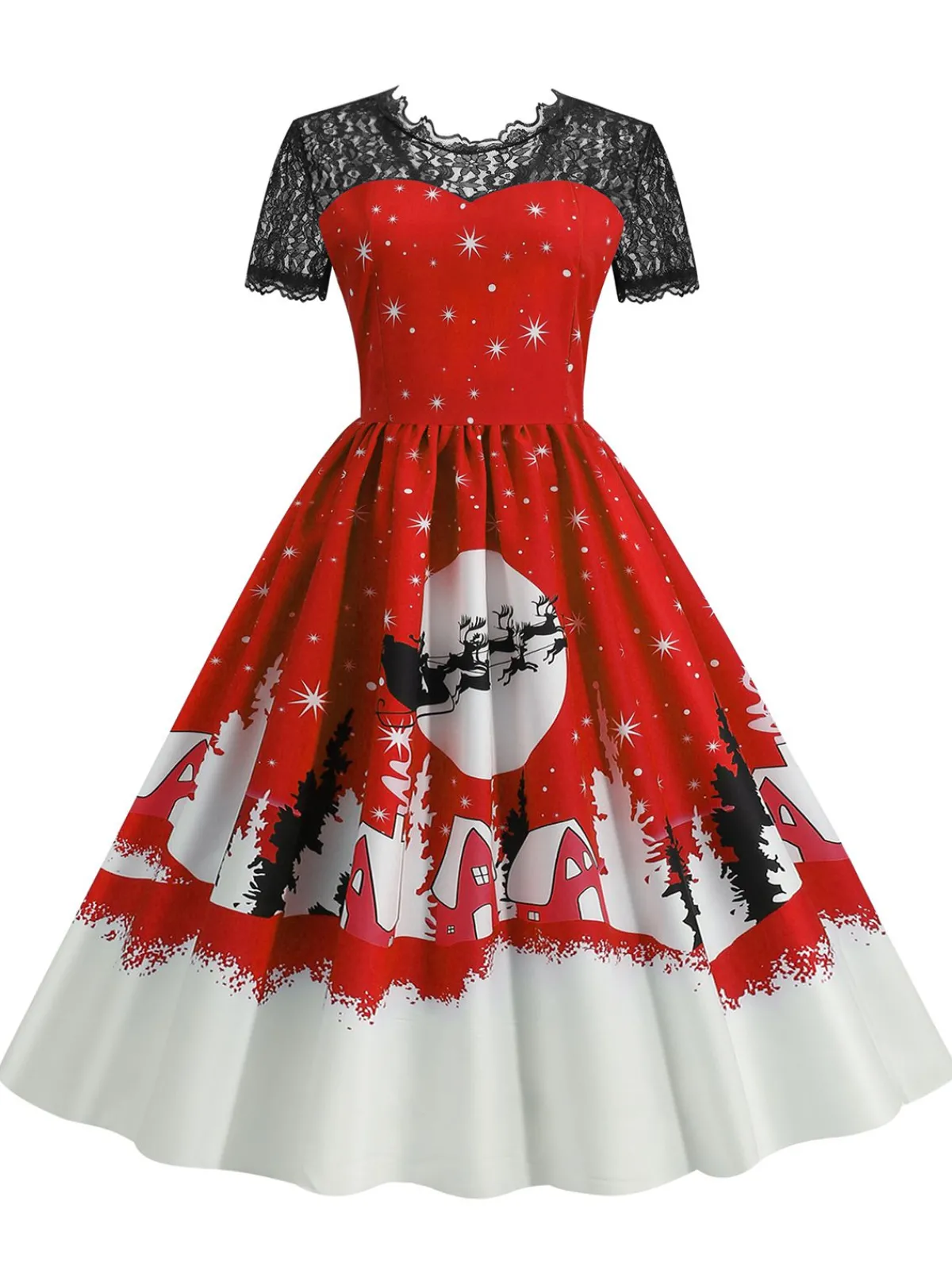 Clearance Retro Stage 1950s Christmas Print Lace Swing Dress