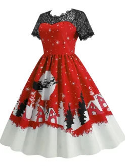 Clearance Retro Stage 1950s Christmas Print Lace Swing Dress