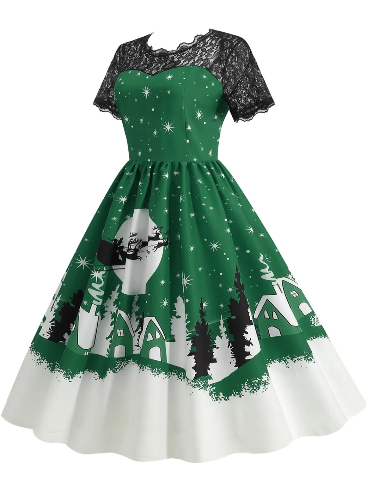 Clearance Retro Stage 1950s Christmas Print Lace Swing Dress