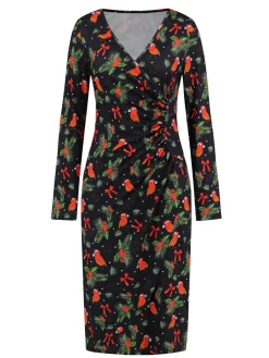 Hot Retro Stage 1960s Christmas Print V-Neck Wrap Dress