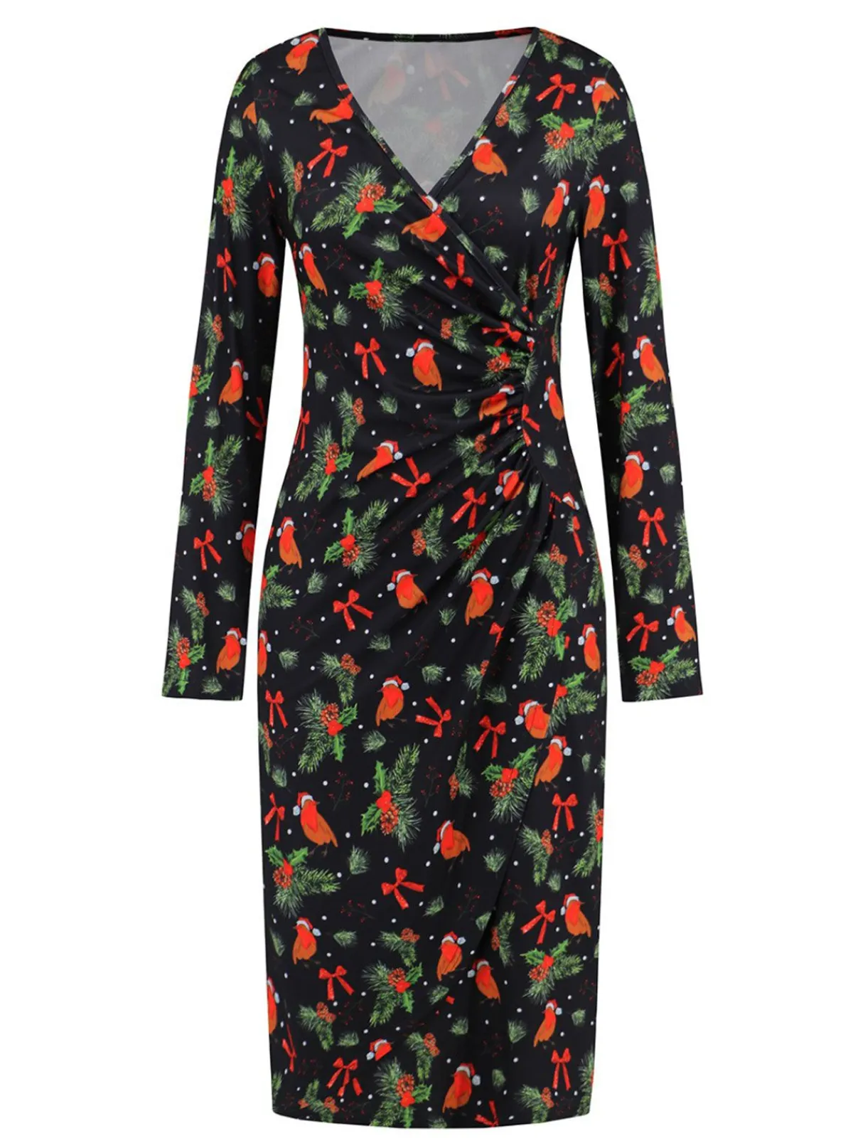 Hot Retro Stage 1960s Christmas Print V-Neck Wrap Dress