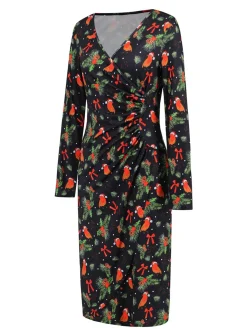 Hot Retro Stage 1960s Christmas Print V-Neck Wrap Dress