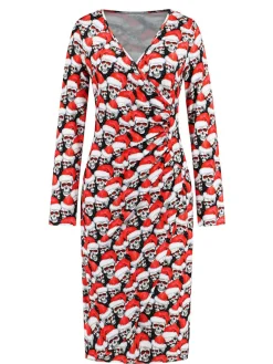 Hot Retro Stage 1960s Christmas Print V-Neck Wrap Dress