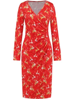 Hot Retro Stage 1960s Christmas Print V-Neck Wrap Dress