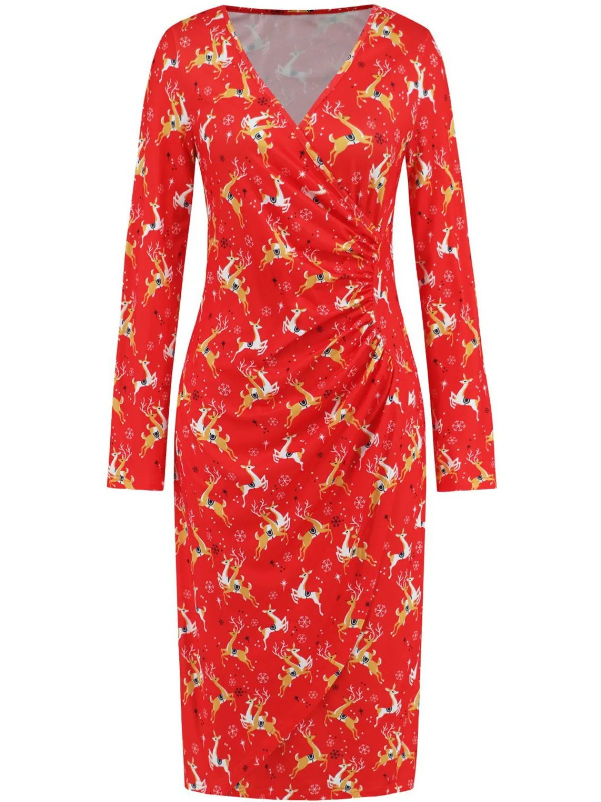 Hot Retro Stage 1960s Christmas Print V-Neck Wrap Dress