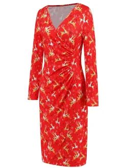 Hot Retro Stage 1960s Christmas Print V-Neck Wrap Dress