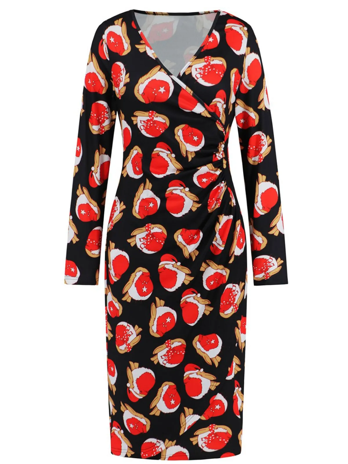 Hot Retro Stage 1960s Christmas Print V-Neck Wrap Dress