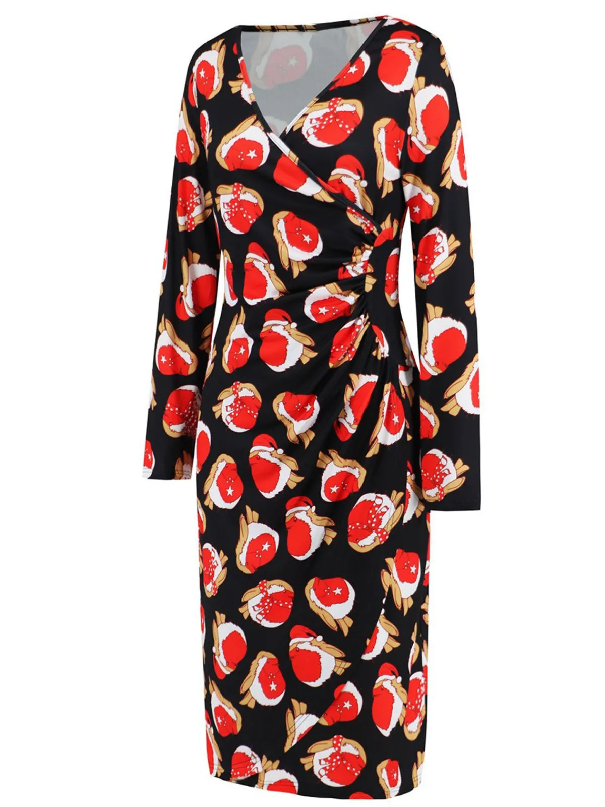 Hot Retro Stage 1960s Christmas Print V-Neck Wrap Dress
