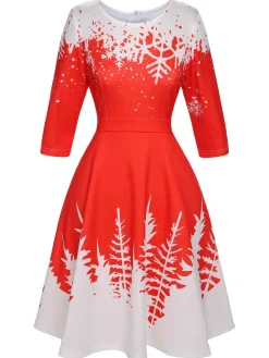 Clearance Retro Stage 1950s Christmas Round Neck Snowflake Dress