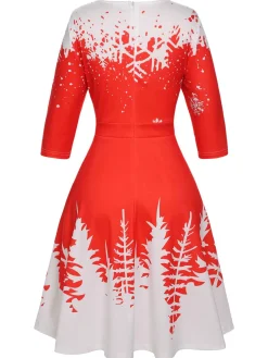 Clearance Retro Stage 1950s Christmas Round Neck Snowflake Dress