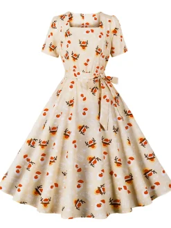 New Retro Stage 1950s Christmas Santa & Elk Print Swing Dress