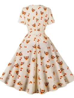 New Retro Stage 1950s Christmas Santa & Elk Print Swing Dress