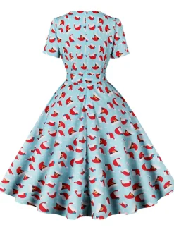 New Retro Stage 1950s Christmas Santa & Elk Print Swing Dress